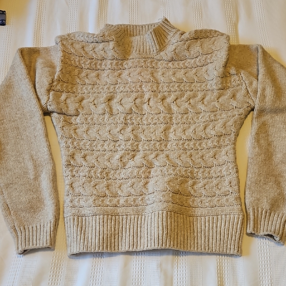BlankNYC Beige Cable Knit Sweater With Puff Sleeves